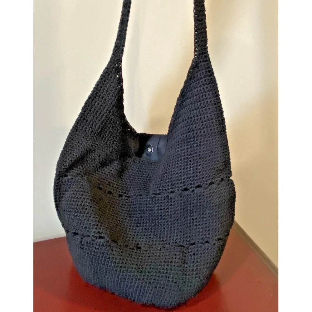 Vtg Black Nylon Knit Woven Hobo Shoulder Bag Purse Y2K 11